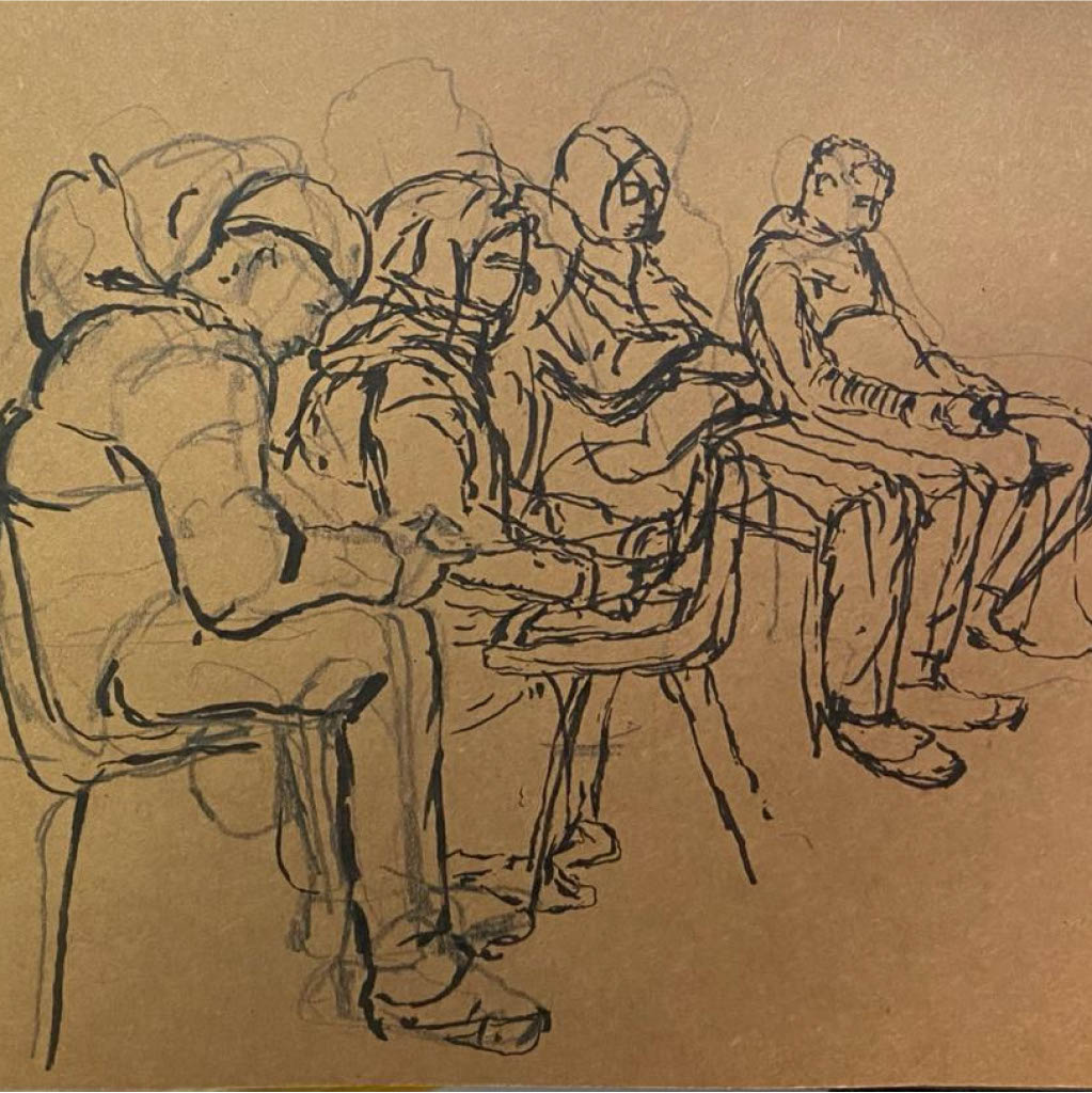 A sketch of a waiting room at a council office. People are drawn sitting on chairs, most of them are looking down and look unhappy. The drawing is in pencil and pen.